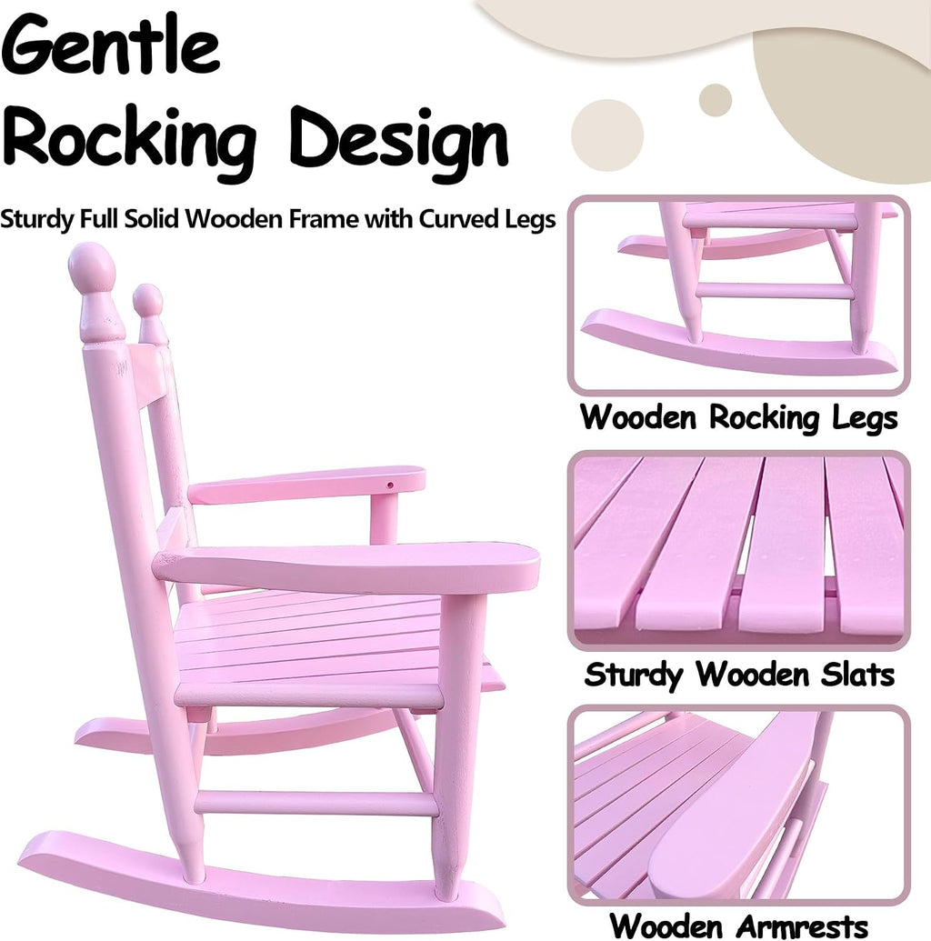 Kids Rocking Chair with Slatted Seat & Backrest, Wooden Porch Rocker for Kids Age 3-8 Indoor & Outdoor, Easy Assembly (Light Pink)