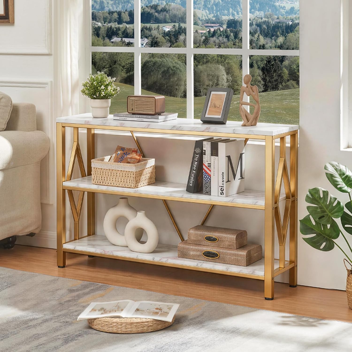 HOMISSUE Sofa Console Table, Rustic Console Table with 3-Tier Storage, Engineered Wood Sofa Tables with Open Shelves, Heavy Duty Entryway Tables for Living Room, Hallway (47 Inch, Gold)