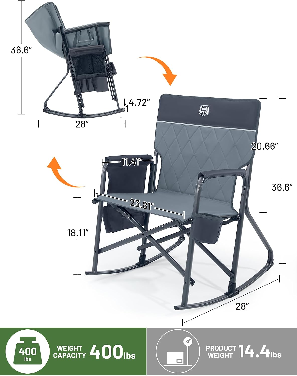 Timber Ridge Folding Oversized Rocking Camping Chair, 400lbs Capacity Portable Outdoor Rocker with Hard Armrests, Cup Holder & Side Pocket, Quick-Fold Design for Outdoor, Patio, Lawn
