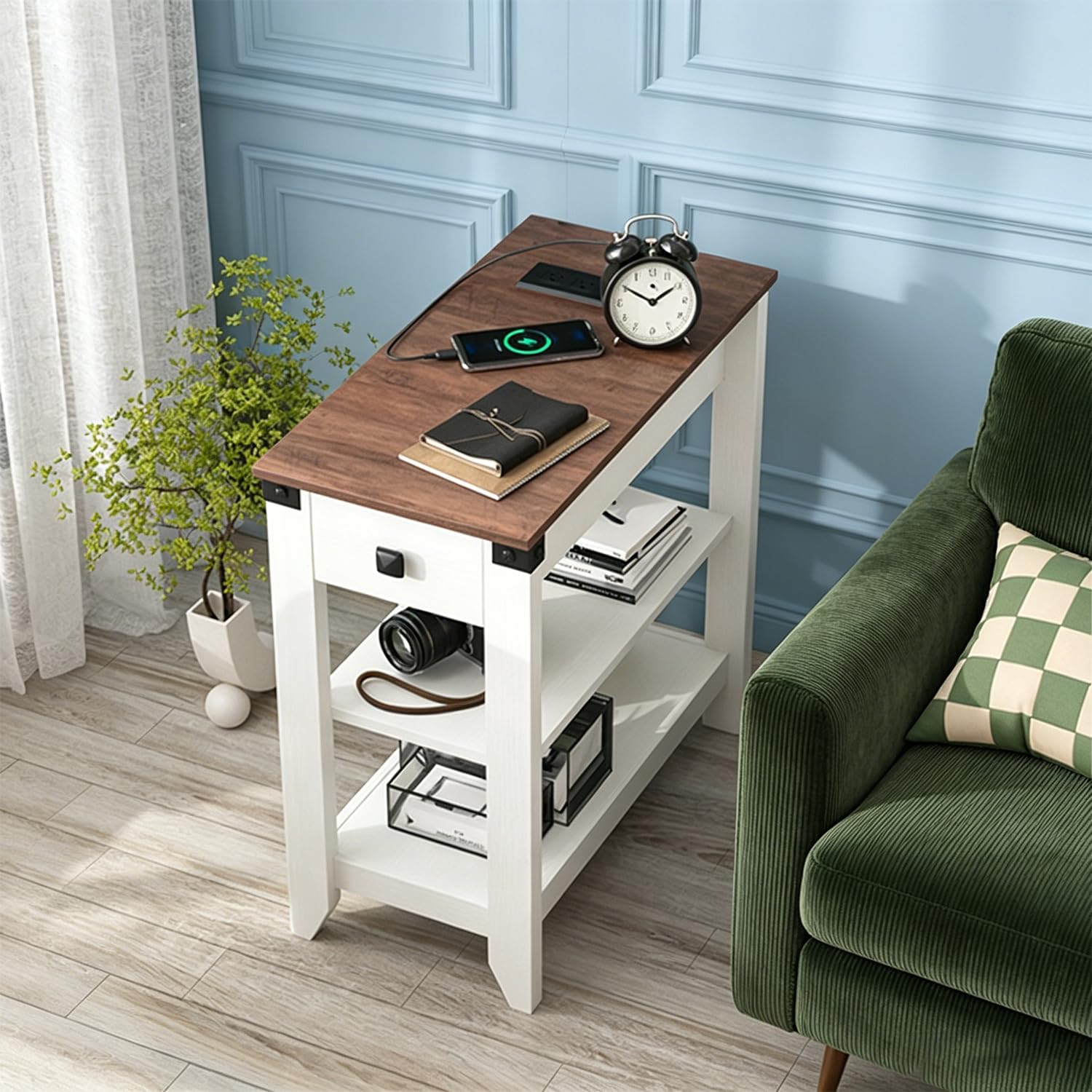 Drefure Sofa Side Table Set of 2 with Charging Station, Narrow End Tables with Storage Drawer for Living Room, Couch Side, Small Spaces, Apartment or Dorm, White Skinny Accent Table with USB Ports