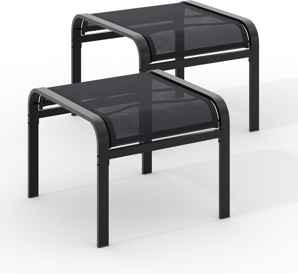 Outdoor Ottoman Set of 2, Ottoman Foot Rest with Textile Fabric, Metal Frame, No-Slip Feet, Stackable Stools for Patio Garden Pool, Black