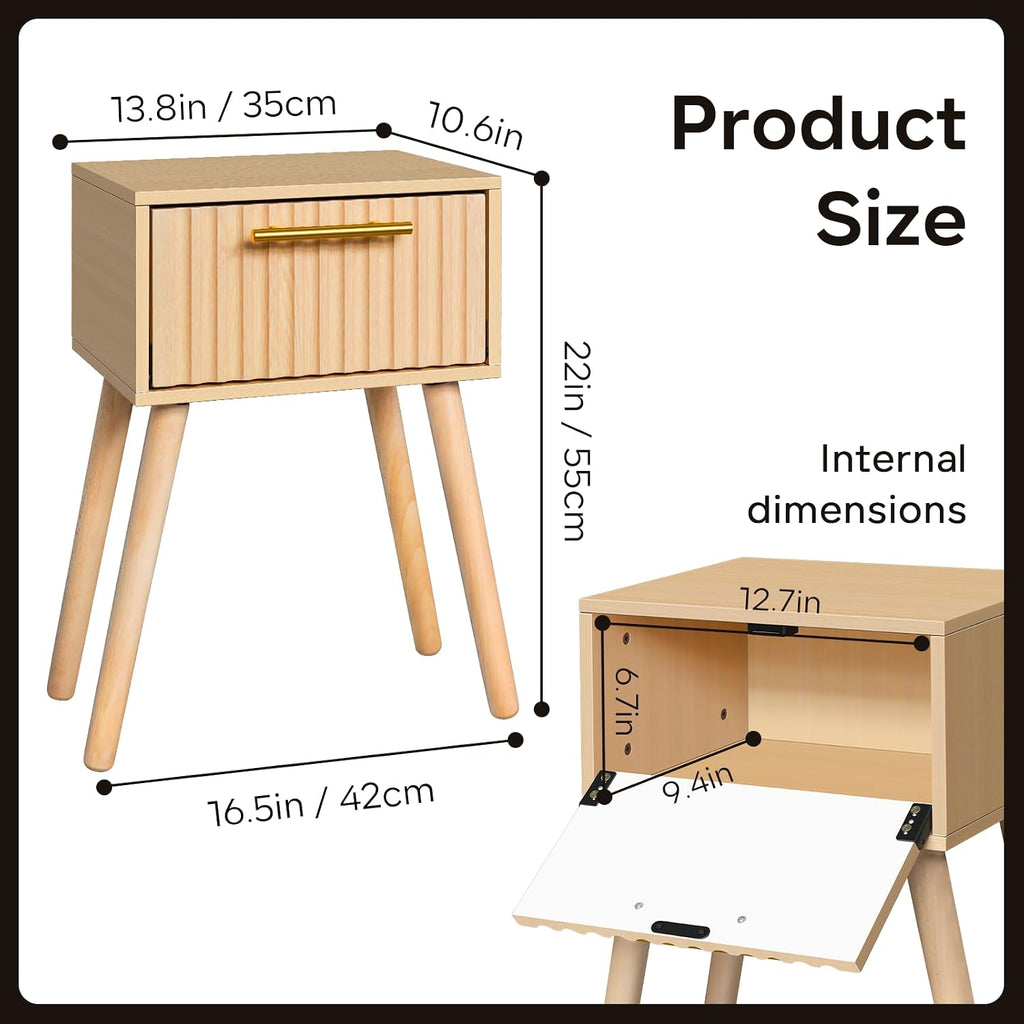 Kerry Small Fluted Nightstand, Bedside Table for Small Space, Modern End Table with Storage Drawer for Living Room, Bedroom, Solid Wood Feet, MDF, Wooden, Two Pack