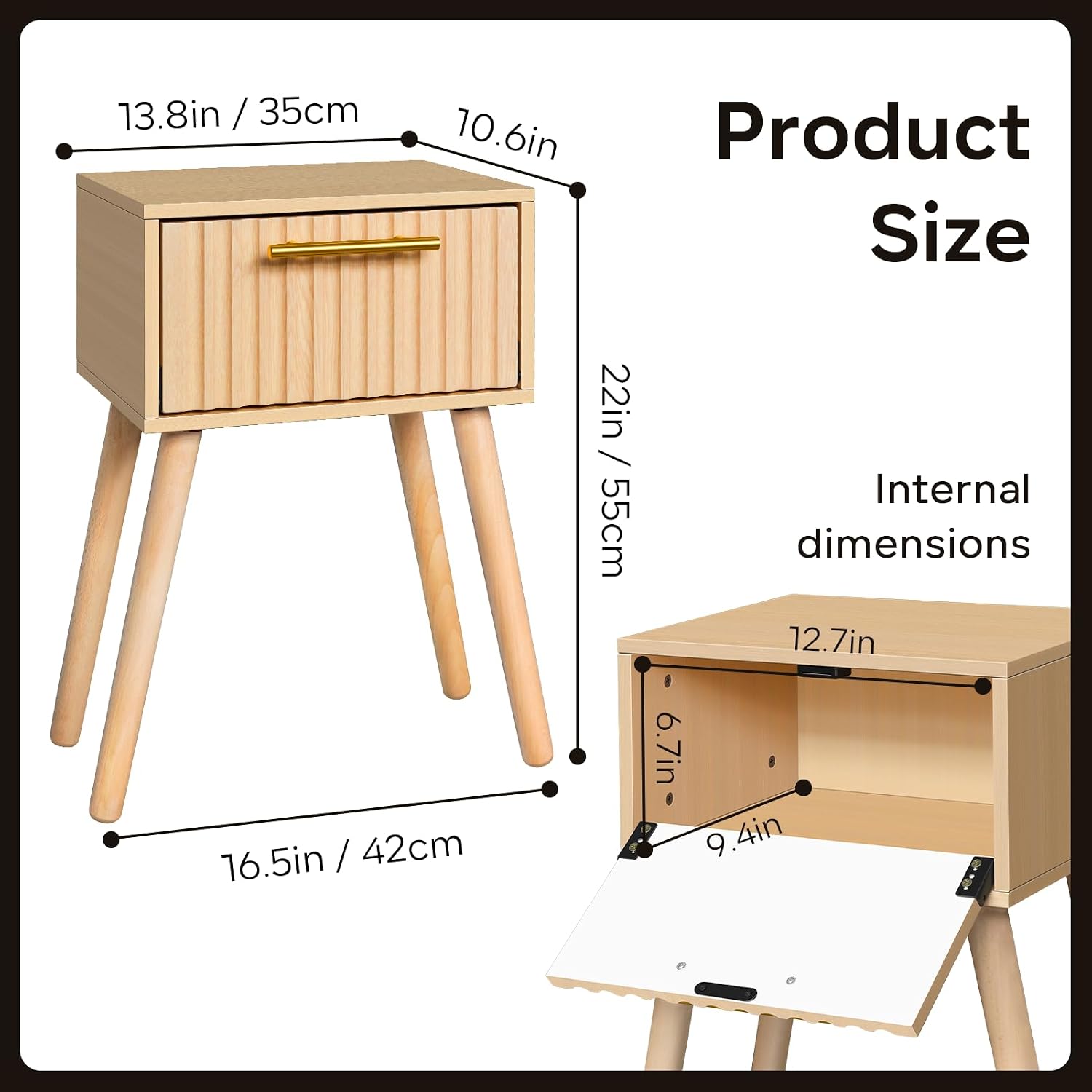 Kerry Small Fluted Nightstand, Bedside Table for Small Space, Modern End Table with Storage Drawer for Living Room, Bedroom, Solid Wood Feet, MDF, Wooden, Two Pack