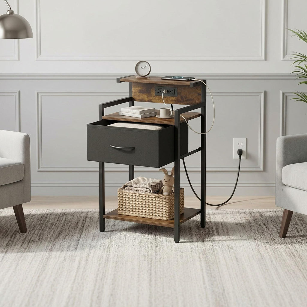 Industrial Nightstand with USB Charging Port, Narrow End Side Table with Fabric Drawer & Storage Shelf for Bedroom Living Room