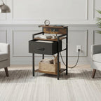 Industrial Nightstand with USB Charging Port, Narrow End Side Table with Fabric Drawer & Storage Shelf for Bedroom Living Room