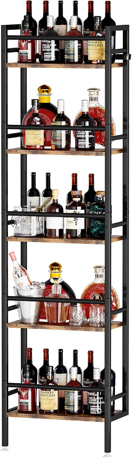 Homeiju 5-Tier Freestanding Wine Rack, 60 Bottles Wine Racks for Wall Mounted, Wines Bottle Holder Display Shelf with Fences, Liquor Storage for Kitchen, Dining Room, Bar (Rustic Brown)