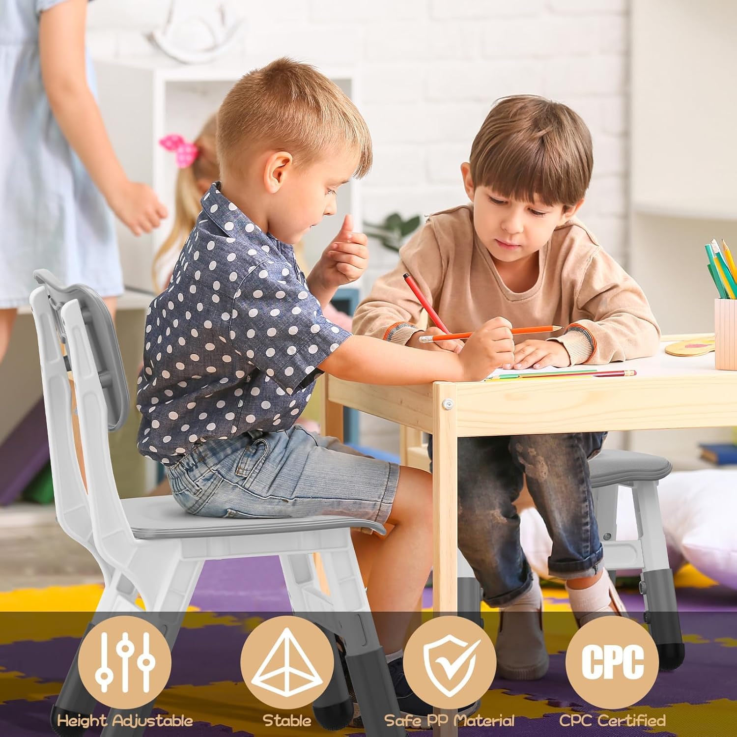 GAOMON Kids Chair Set of 2, 3 Level Height Adjustable Kid Chair, Plastic Toddler Chairs for Children Boys Girls Age 2-6, Suitable for Home Family Classroom Nursery Indoor Use, Grey