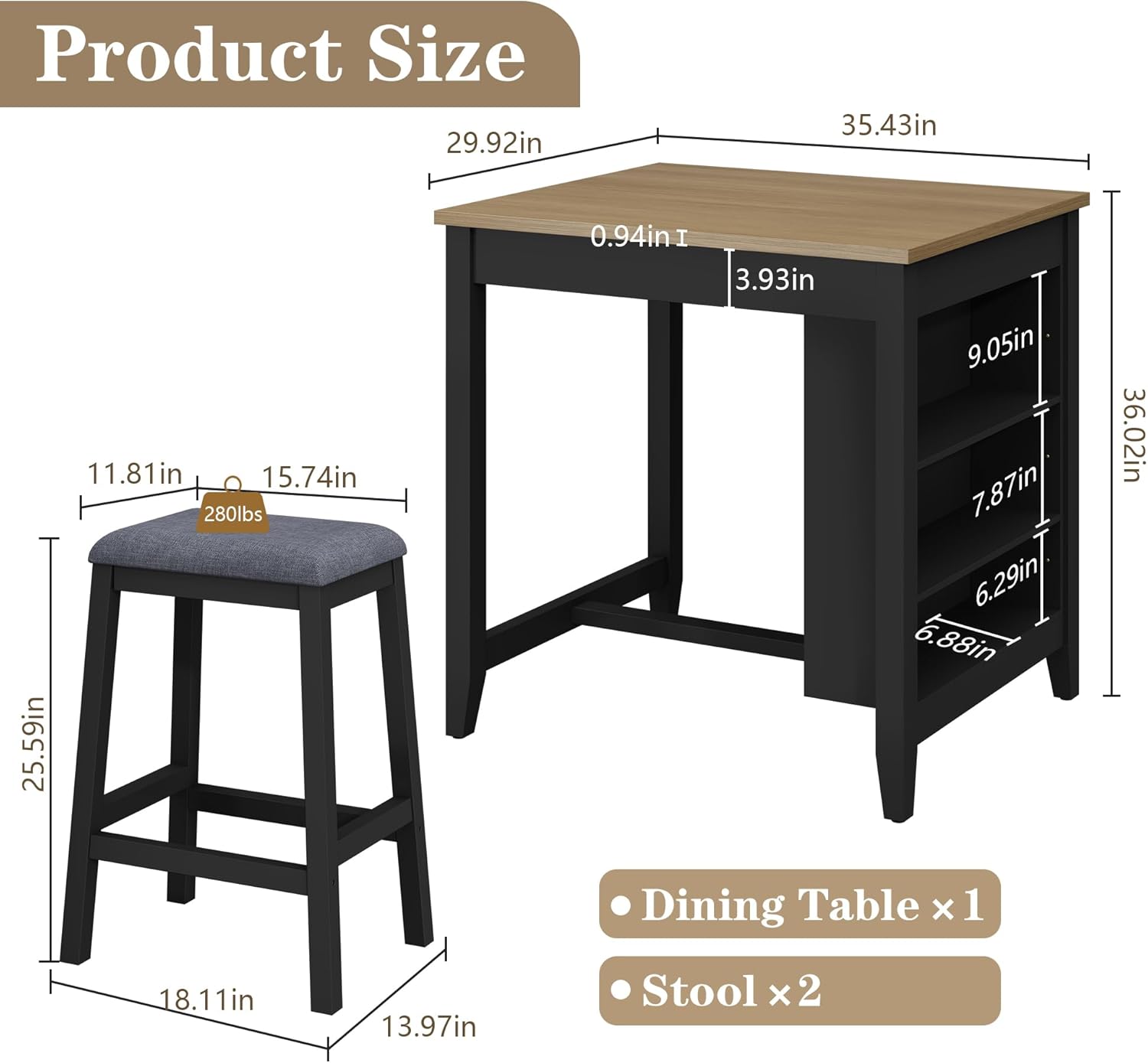 HLR 3-Piece Dining Table Set for 2 Person, Small Farmhouse Kitchen Table with 2 Bar Stools, Wood Dinner Table with Storage Shelves for Dining Room, Apartment, Small Space, Breakfast Nook, Black