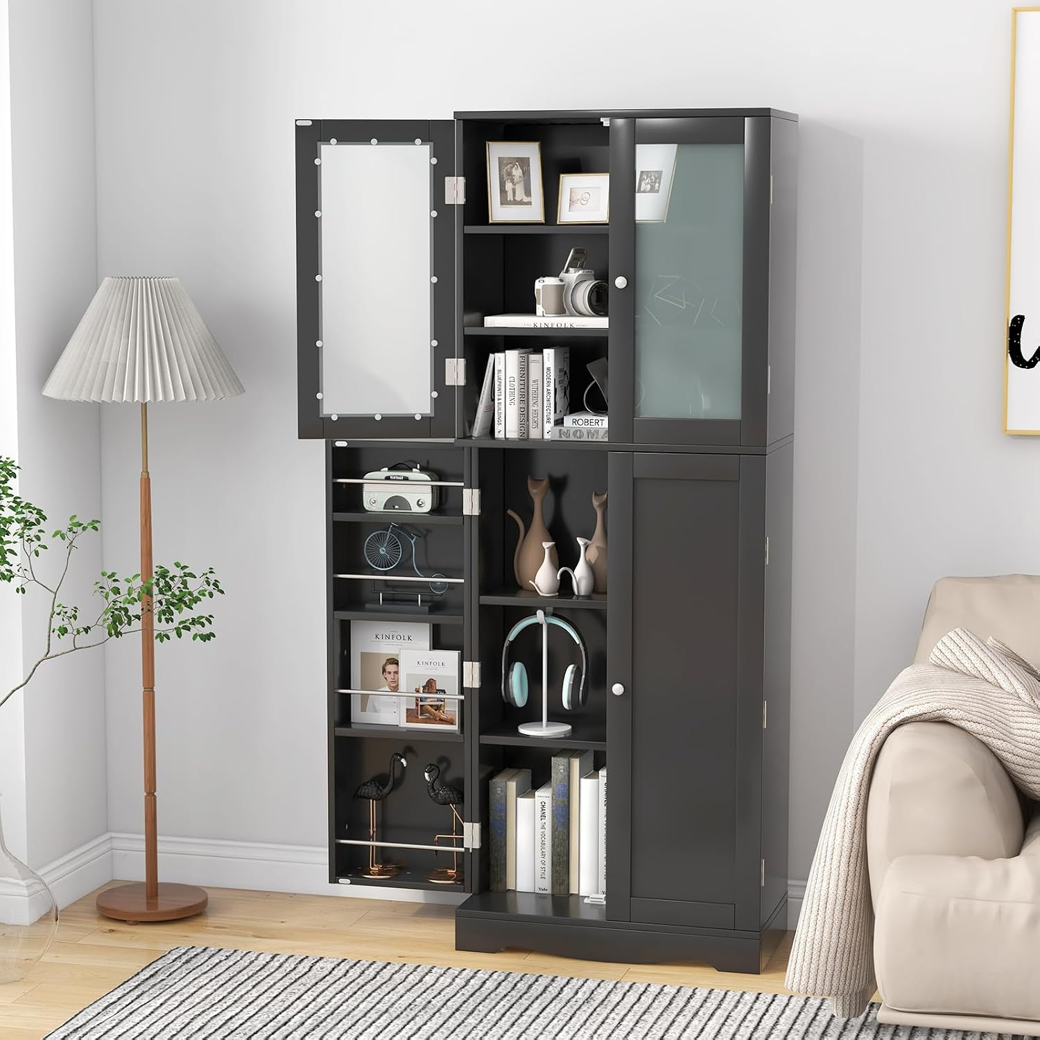 LOKO 63.5" Tall Kitchen Pantry Storage Cabinet, Freestanding Food Storage Cabinet with Glass Doors, Storage Shelves & Door Racks, Modern Cupboard for Dining Room, Living Room (Black)