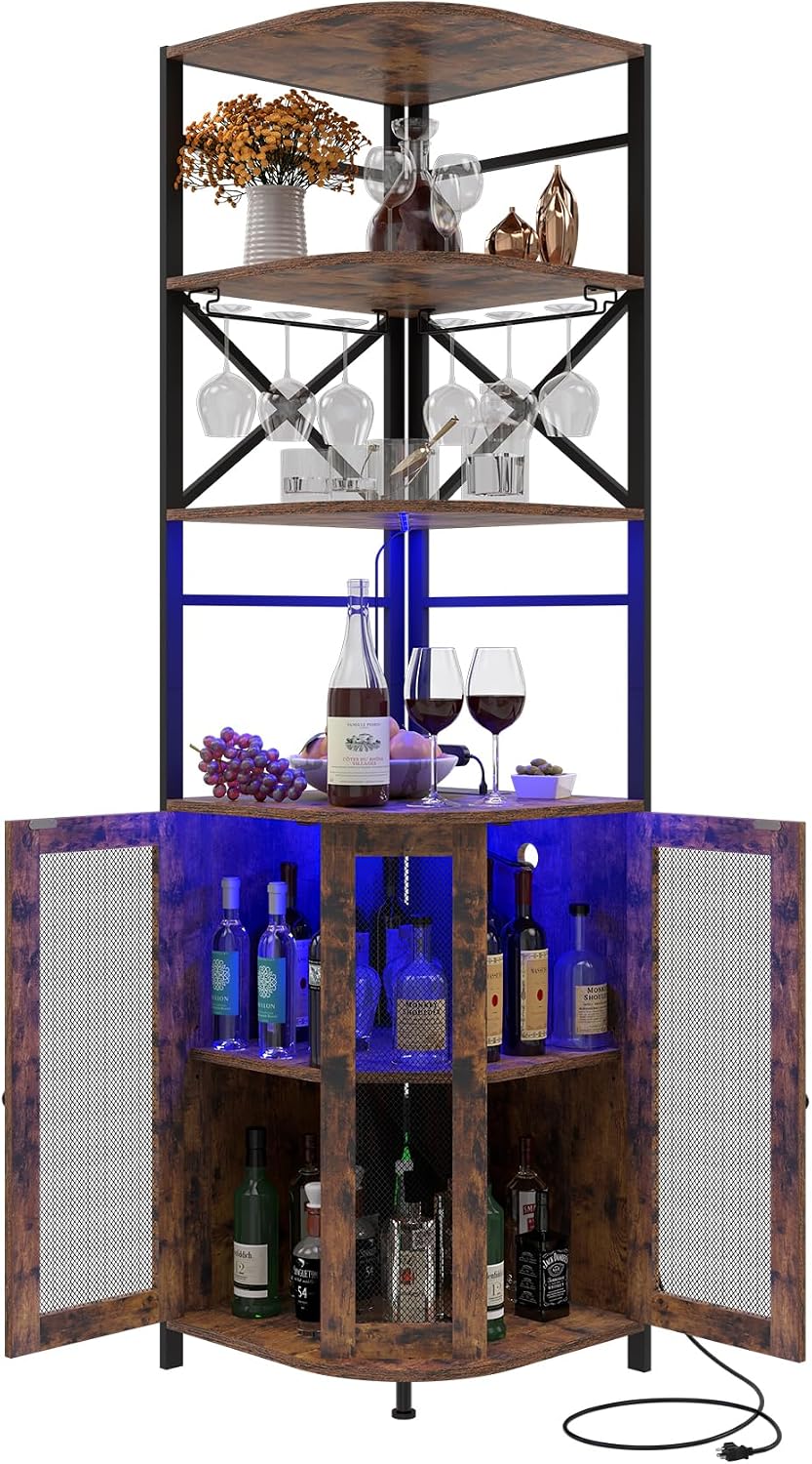 Wine Bar Cabinet with Power Outlet, 6-Tiers Industrial Wine Cabinet with LED Light and Glass Holder, Corner Wine Cabinet with Adjustable Shelf, Liquor Cabinet Bar for Christmas