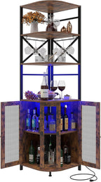 Wine Bar Cabinet with Power Outlet, 6-Tiers Industrial Wine Cabinet with LED Light and Glass Holder, Corner Wine Cabinet with Adjustable Shelf, Liquor Cabinet Bar for Christmas