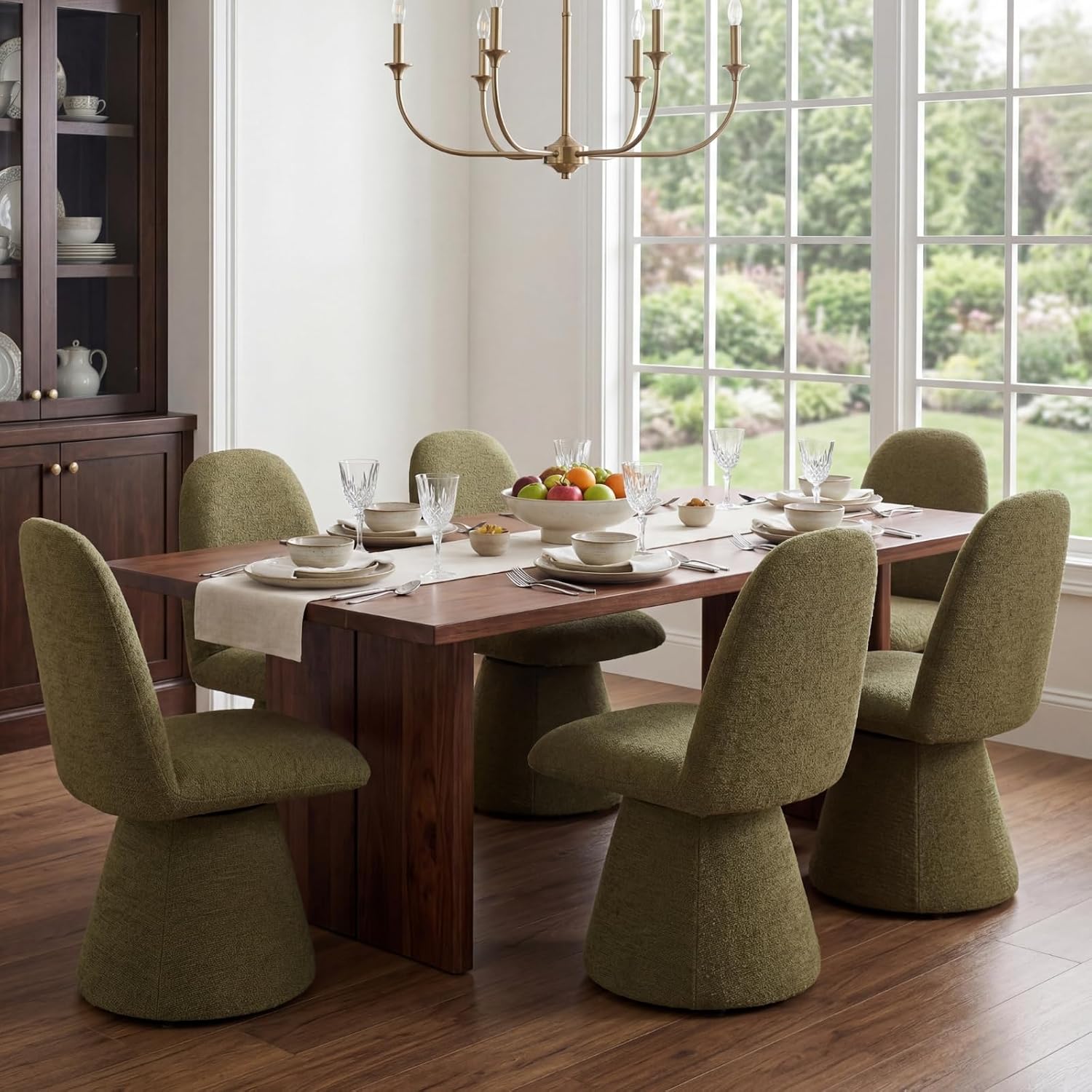 DUOMAY 360° Swivel Dining Chairs Set of 2, Mid Century Modern High Back Upholstered Kitchen Room Chair with Silent Rotating Base, Soft Chenille Accent Chair for Home Office Bedroom Reading, Green