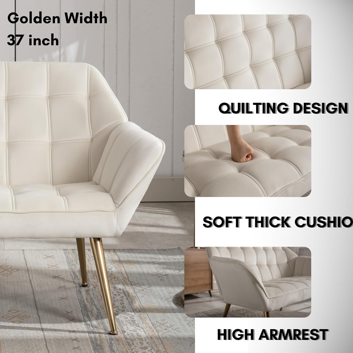 48”Small Loveseat Sofa, Modern Velvet Upholstered Mini Couch 2-Seater Fluffy Love Seat with Quilting Backs and Metal Legs for Small Space Living Room, Bedroom, Beige