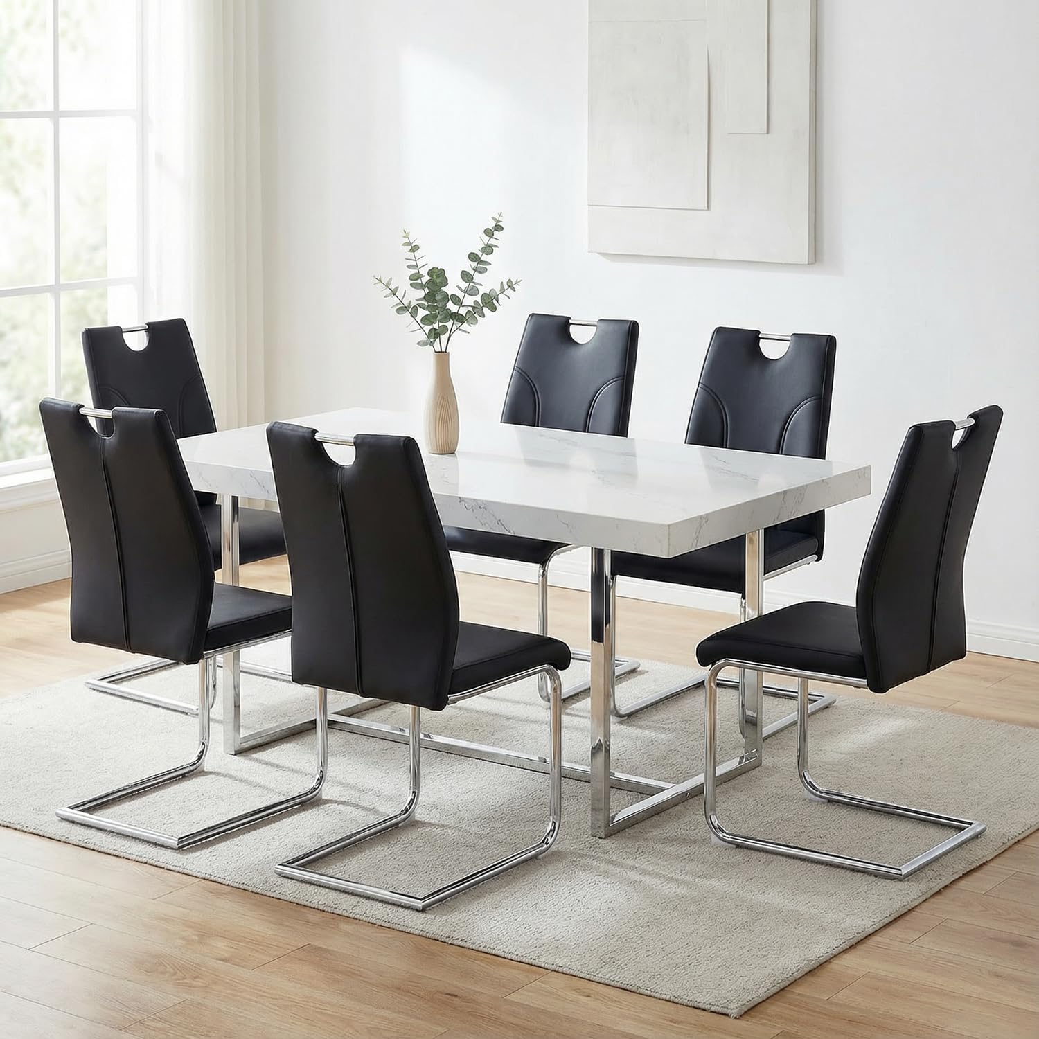 FURNITO Modern Dining Chairs Set of 6, Black Dining Chairs with Thick Cushions, Faux Leather Kitchen & Dining Room Chairs with Backrest and Sliver Metal Legs for Dining Living Room, Easy to Assemble
