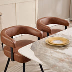 LukeAlon PU Leather Dining Chairs Set of 2, Simple Upholstered Side Chair with Padded Open Barrel Back Modern Guest Chair Home Office Desk Chairs with Black Metal Legs for Kitchen Dining Room, Brown
