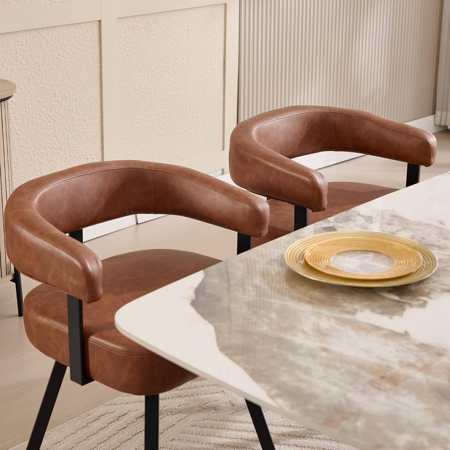 LukeAlon PU Leather Dining Chairs Set of 2, Simple Upholstered Side Chair with Padded Open Barrel Back Modern Guest Chair Home Office Desk Chairs with Black Metal Legs for Kitchen Dining Room, Brown