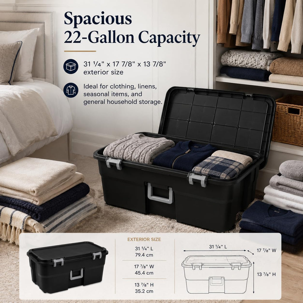 31.4" Black Plastic Storage Footlocker - Heavy-Duty Trunk with Wheels & Lockable Latches - for Camping, College Dorms & Home Organization