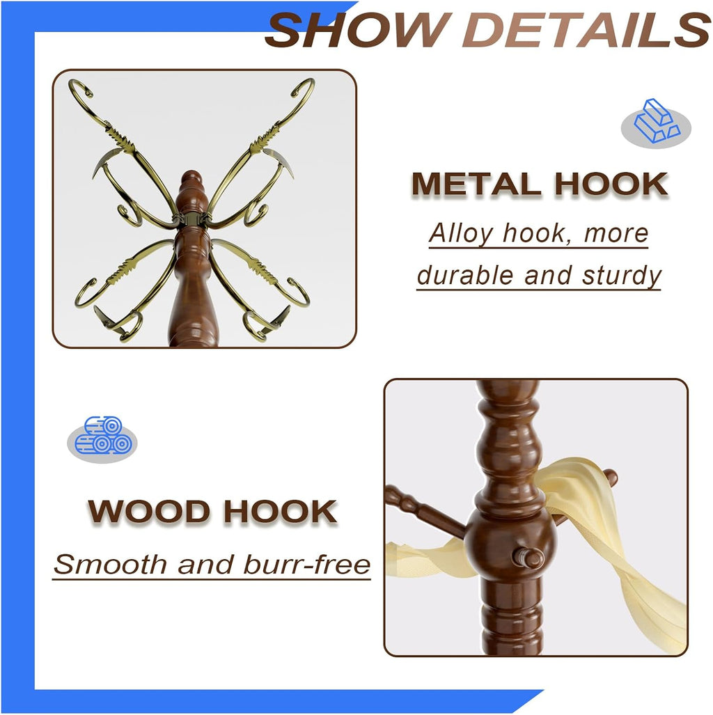 Solid Wood Freestanding Coat Rack, 15 Hooks (12 Metal+3 Wood) Heavy Duty Coat Tree with Triangle Base, 220LBS Load, 78 Inch Tall Walnut Hall Tree for Entryway Bedroom Office
