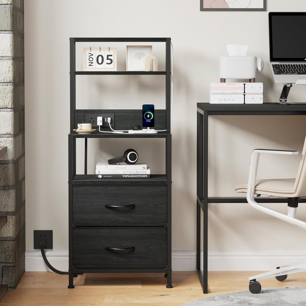 Furnulem Nightstand, Tall Night Stand & Bedside Table with Charging Station | RGB LED Light & USB Ports & type-C, 2 Fabric Drawers and 4-Tier Shelves Bedside End Table for Bedroom Dorm Storage, Black Oak