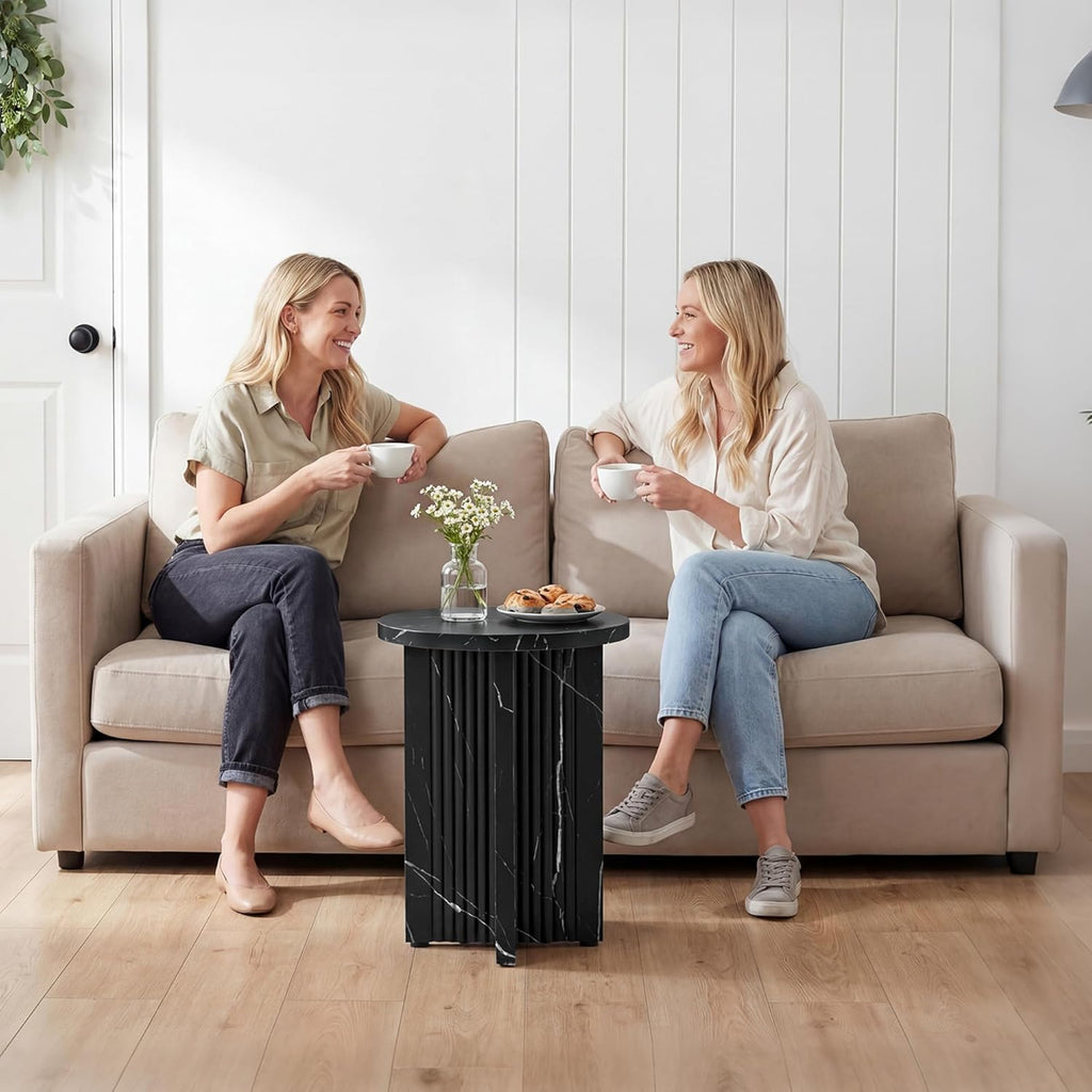 LEVNARY 15.7" Round Side Table with Marble-Look Top, Modern End Table with Scalloped Fluted Base, Small Circular Accent Table with Adjustable Feet for Living Room Bedroom (Black)