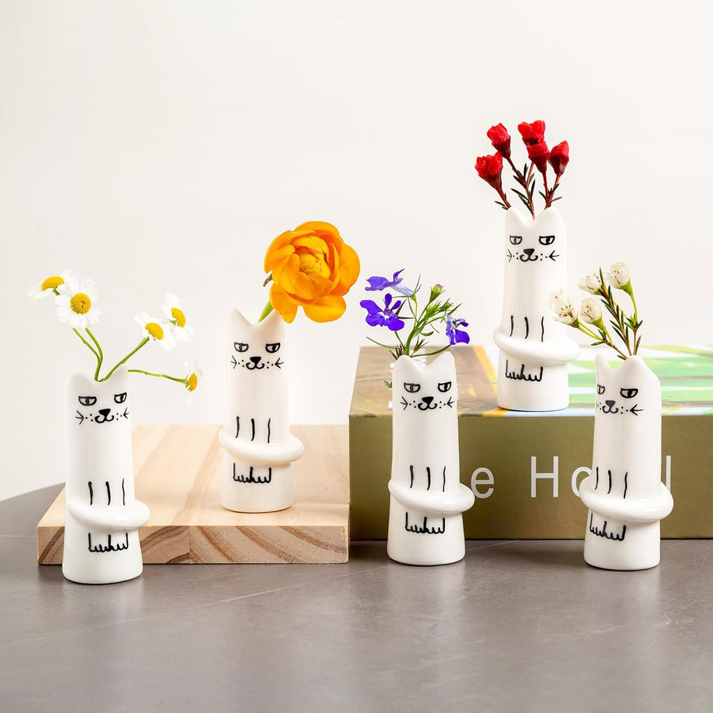 MOUGIGI Set of 5 Cat Flower Vase Bud Ceramic Small Cute Mini Handmade Decor - Unique Modern Tiny Wedding Party Birthday Gift - Bulk Trendy Pretty Little Vases