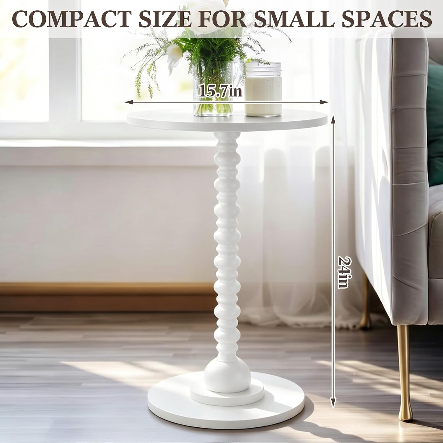 Novabright Round Side Table Small Drink Table for Small Spaces Modern Accent End Nightstand with Spindle Design Leg for Living Room Turned Solid Wood Side 23.6'' Height(White)
