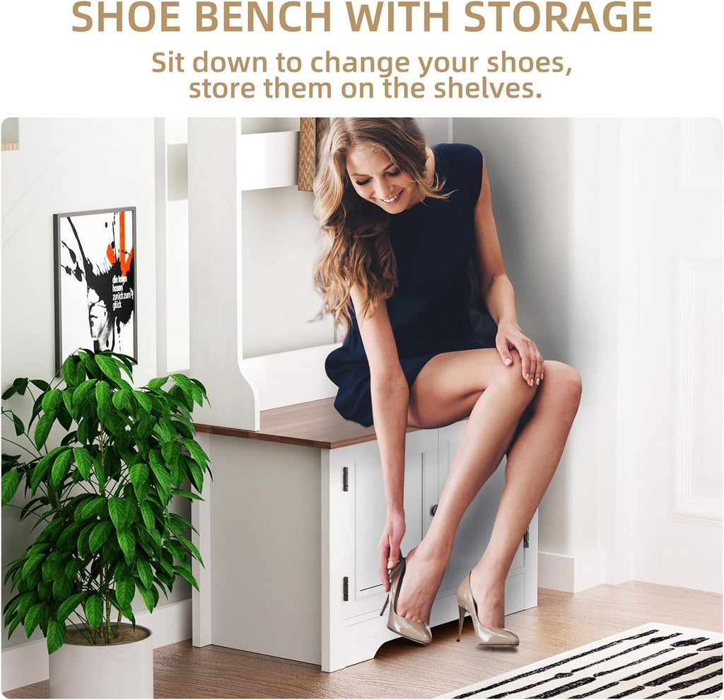 Hall Tree with Shoe Rack, 5-in-1 Farmhouse Coat Rack with Shoe Bench, Standing Shoe Storage with 3 Hooks for Front Door Entrance Mudroom Entryway Bedroom Hallway Living Room, White and Walnut