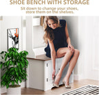 Hall Tree with Shoe Rack, 5-in-1 Farmhouse Coat Rack with Shoe Bench, Standing Shoe Storage with 3 Hooks for Front Door Entrance Mudroom Entryway Bedroom Hallway Living Room, White and Walnut
