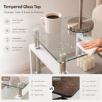 Meihua Tempered Glass End Table, White Modern Square Side Table with Metal Frame, 2-Tier Glass Accent Table for Living Room, Bedroom, Apartment & Small Spaces