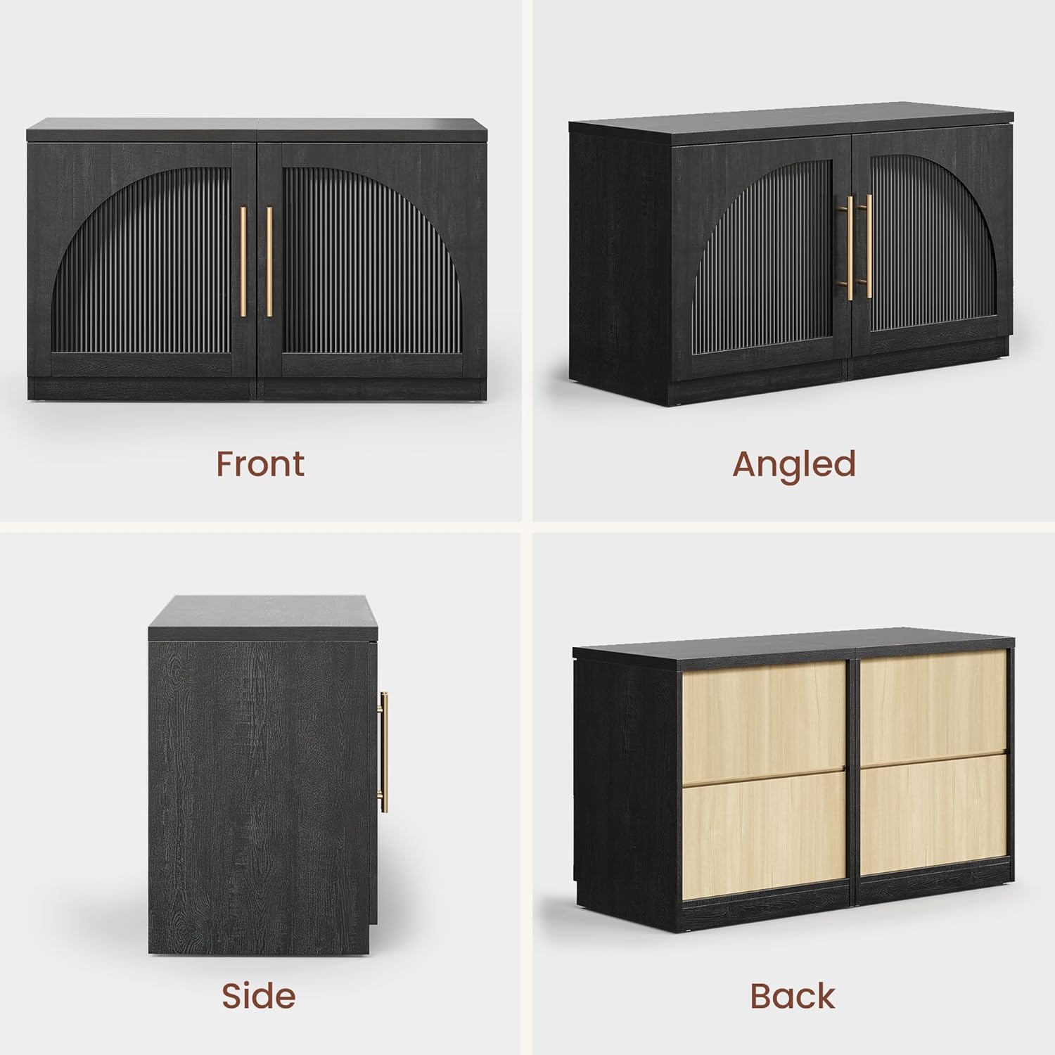 ModernMate Set of 2 Nightstands, 37" Modular Accent End Tables with Arched Door and Open Shelves, Wood Grain Bedside Side Tables for Living Room, Bedroom, Black