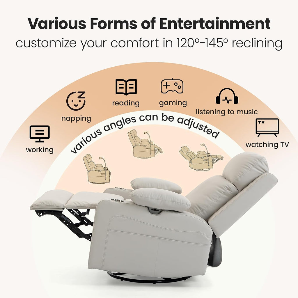 Rocking Chair Nursery with Adjustable Armrests,Power Recliner Chair, Beige | Glider Rocker with Adjustable Headrest And Electric Lumbar Support, Nursing Chair for Breastfeeding, with USB, Cup Holder