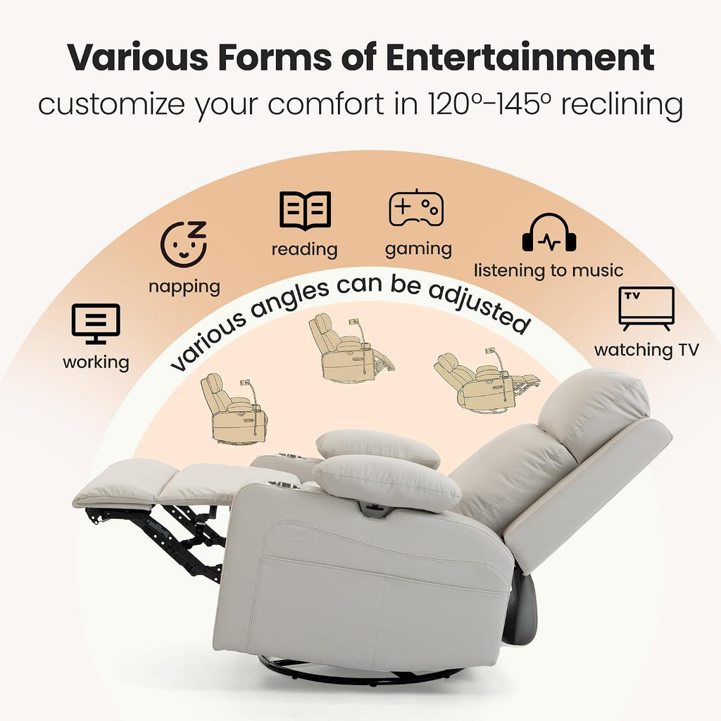 FiveWillowise Power Rocking Chair Nursery with Adjustable Armrests, Beige | Glider Rocking Chair with Adjustable Headrest and Electric Lumbar Support, Nursing Chair with USB Charging, Cup Holder, Light