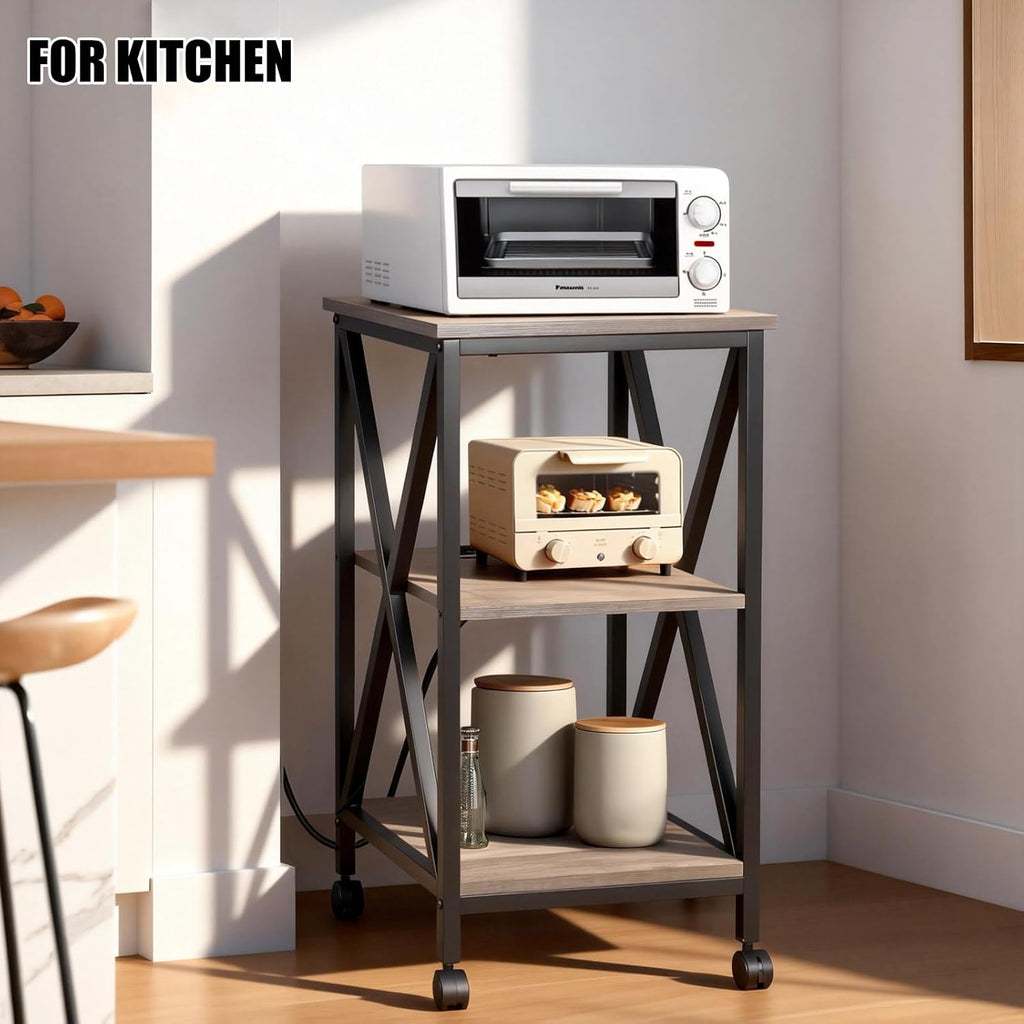 Square End Table with Charging Station, 3-Tier End Table Living Room, 16" D X 16" W X 28" H, Wood and Metal Table with USB Ports and Outlets, Side Table with Wheels for Living Room, Bedroom, Grey