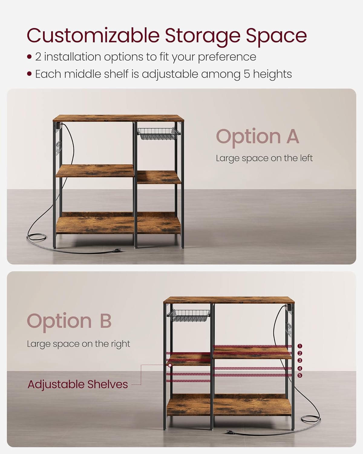 VASAGLE Baker's Rack, Coffee Bar Stand with Charging Station, 35.6 Inches Tall, Storage Shelves, Pull-Out Wire Basket, Table for Microwave, Kitchen, Rustic Brown and Ink Black UKKS036K01