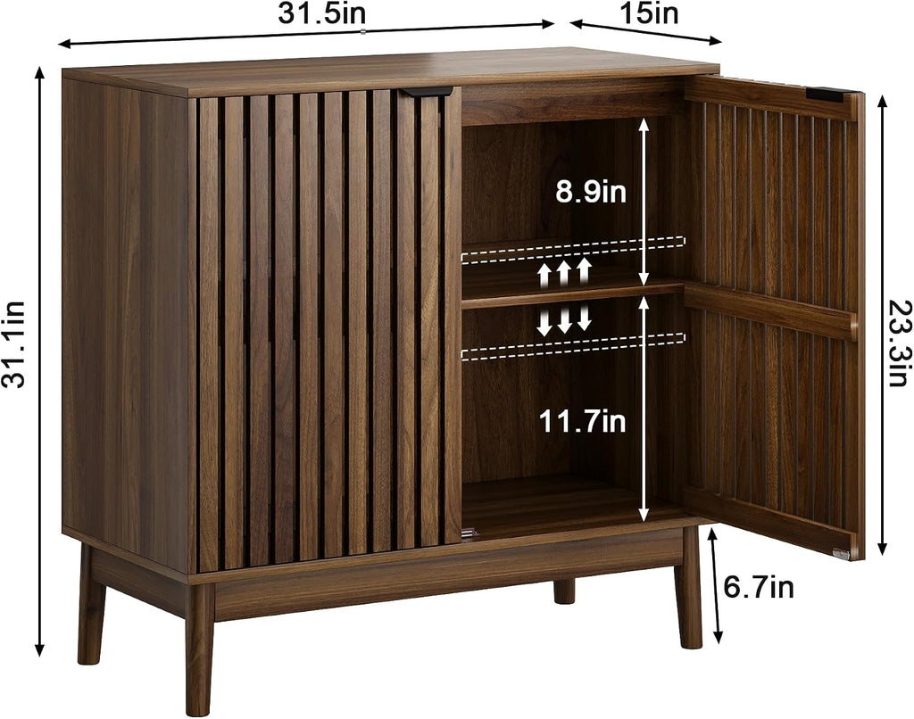 Sideboard Buffet Cabinet with Storage, Freestanding Kitchen Storage Cabinet with 2 Slatted Doors and Adjustable Shelves, Wooden Cupboard for Kitchen, Entryway (Slatted Door Walnut)