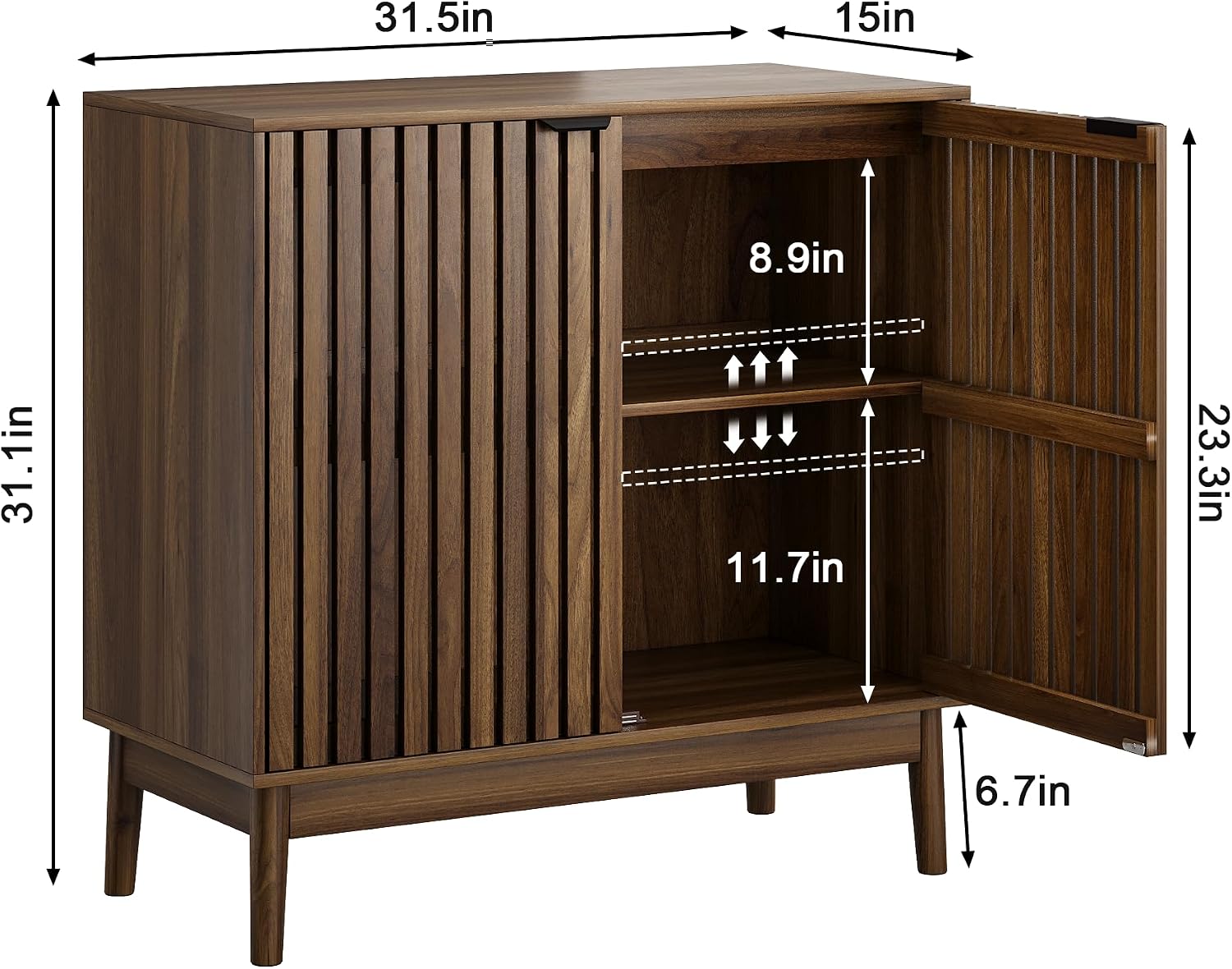 Sideboard Buffet Cabinet with Storage, Freestanding Kitchen Storage Cabinet with 2 Slatted Doors and Adjustable Shelves, Wooden Cupboard for Kitchen, Entryway (Slatted Door Walnut)