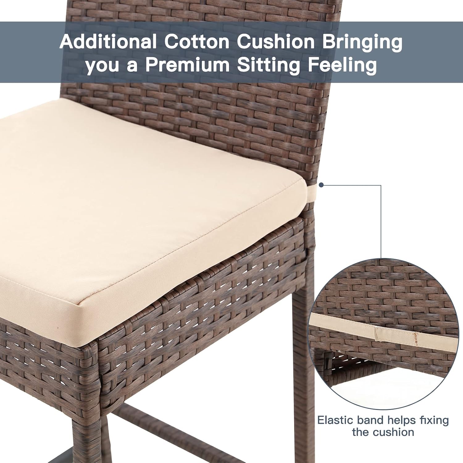 ECOTOUGE Rattan Bar Stools Set of 2, Patio Wicker Barstools with Cushions, Patio Bar Chairs Armless for Backyard, Poolside, Deck (Brown)
