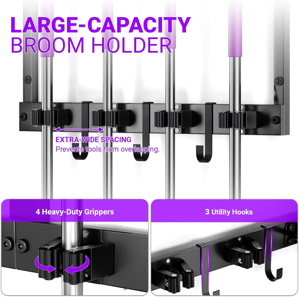 Heavy Duty Broom Holder Wall Mount with Cleaning Supplies Organizer, Space-Saving Laundry Room Organization and Storage Shelves, All-Metal Mop Hanger Broom Rack with Hooks, Garage Organizer Shelf