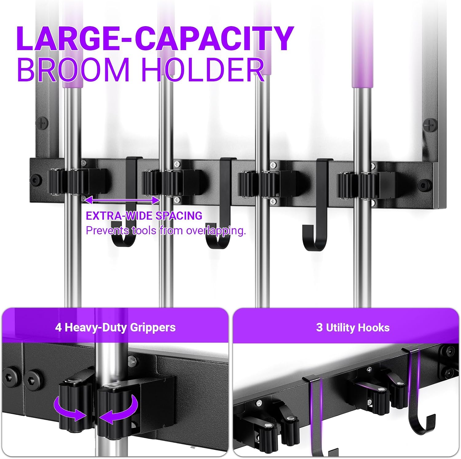 Heavy Duty Broom Holder Wall Mount with Cleaning Supplies Organizer, Space-Saving Laundry Room Organization and Storage Shelves, All-Metal Mop Hanger Broom Rack with Hooks, Garage Organizer Shelf