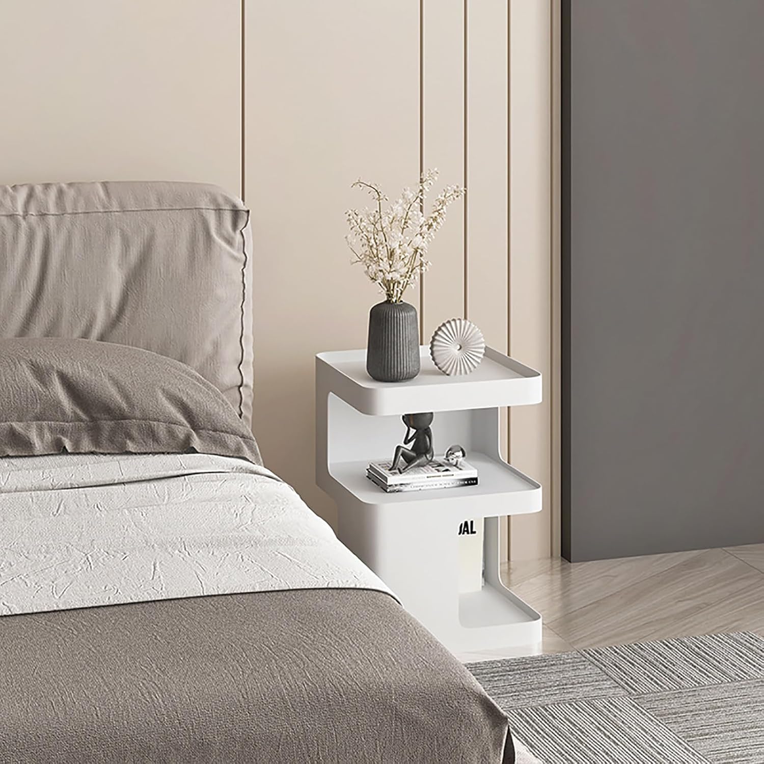 No Assembly Side Table, Modern 3-Tier Carbon Steel Side Table for Living Room Bedroom, Unique Geometric End Table Nightstand with Storage, Sturdy Sofa Table for Small Spaces (Cream White, Medium)