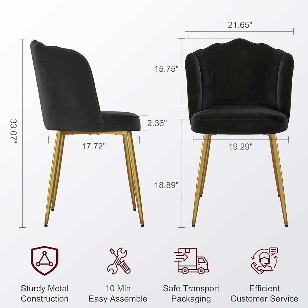 VECELO Velvet Dining Chairs Set of 6, Modern Upholstered Kitchen Chairs with Thick Cushions, Curved Padded Backrest and Metal Legs, for Kitchen, Dining Room, Living Room, Black
