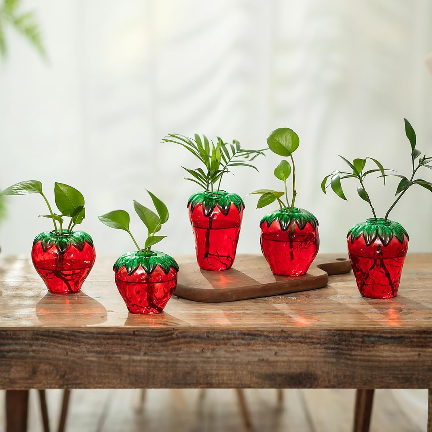 Glass Strawberry Propagation Vases for Plants: 5PCS Cute Strawberry Decor for Home Kitchen Bathroom Office - Unique Indoor Hydroponic Planters Gifts for Mom Women Mothers Day (Red)