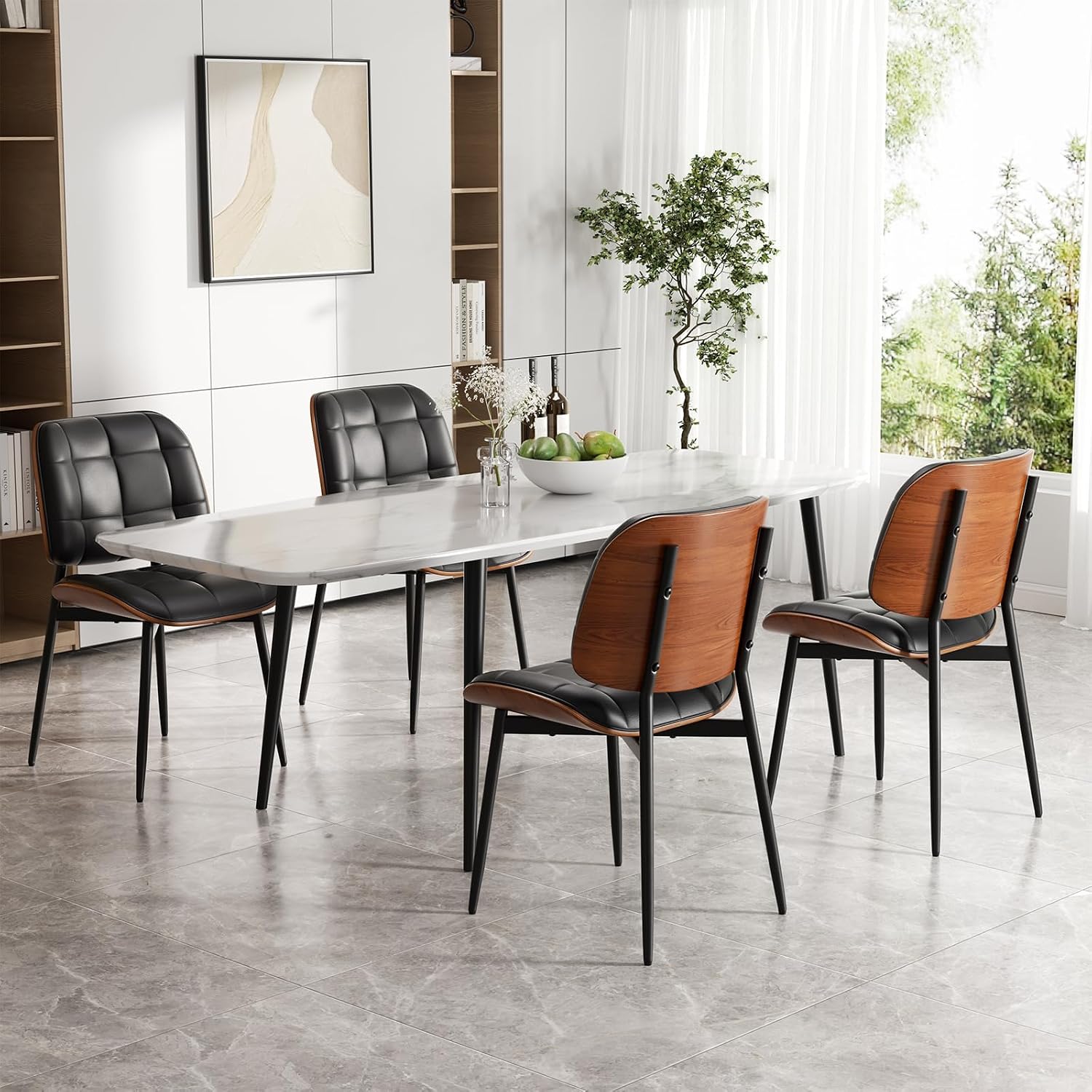 Dining Chairs Set of 2, Mid Century Modern Dining Room Chair, Upholstered Faux Leather Kitchen Chairs with Thick Cushion and Walnut Bentwood Back for Kitchen Dining Room, Black