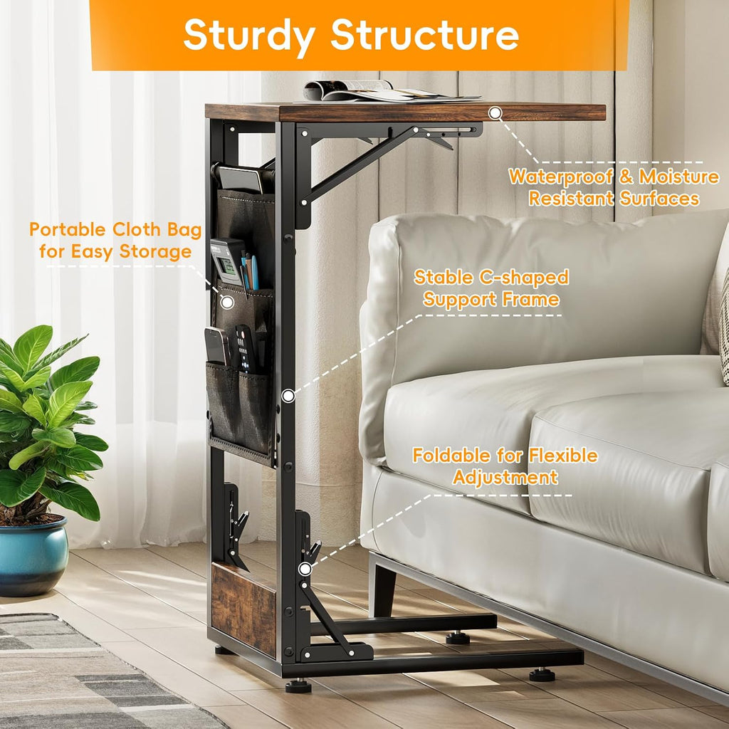 Kufutee Folding TV Tray Table, Small Folding Side Table with Storage Bag, Portable C Shaped End Stand for Couch Sofa Bed, Rustic Brown