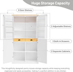 71.3 Inch Tall Freestanding Kitchen Pantry Cabinet, Large Food Storage Cupboard with 2 Drawers, 2 Adjustable Shelves and 8 Door Shelves, Utility Storage Cabinet for Kitchen & Dining Room,White