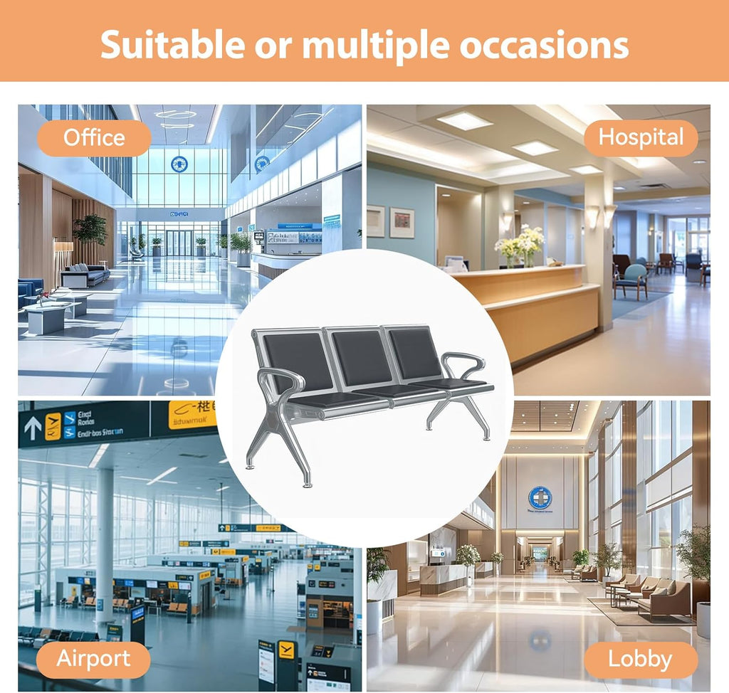 Kinfant 3-Seat Waiting Room Bench - PU Leather Waiting Room Chairs with Arms Airport Reception Bench, Lobby Bench Seating Office Bench Waiting Area Chairs for Airport Business Hospital Market