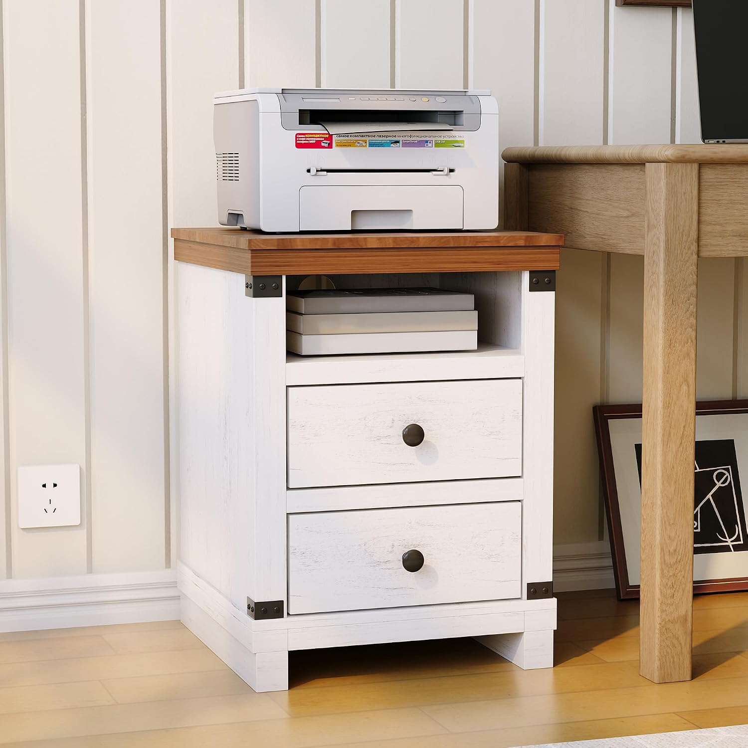 Garvee Farmhouse Nightstand with Charging Station, Set of 2 Modern Bedside End Table with 2 Drawers, USB Ports & Outlets, White Accent Table for Bedroom & Living Room, 18.11" w