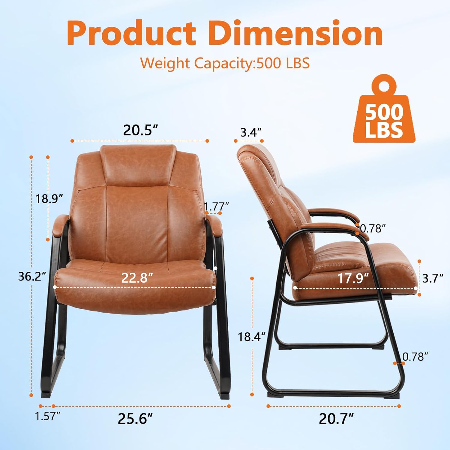 CLATINA Guest Chair Big & Tall 500 lbs, PU Leather Office Reception Chairs, Sled Base, No Wheels, Brown, Waiting Room, Conference, Lobby, Living Room