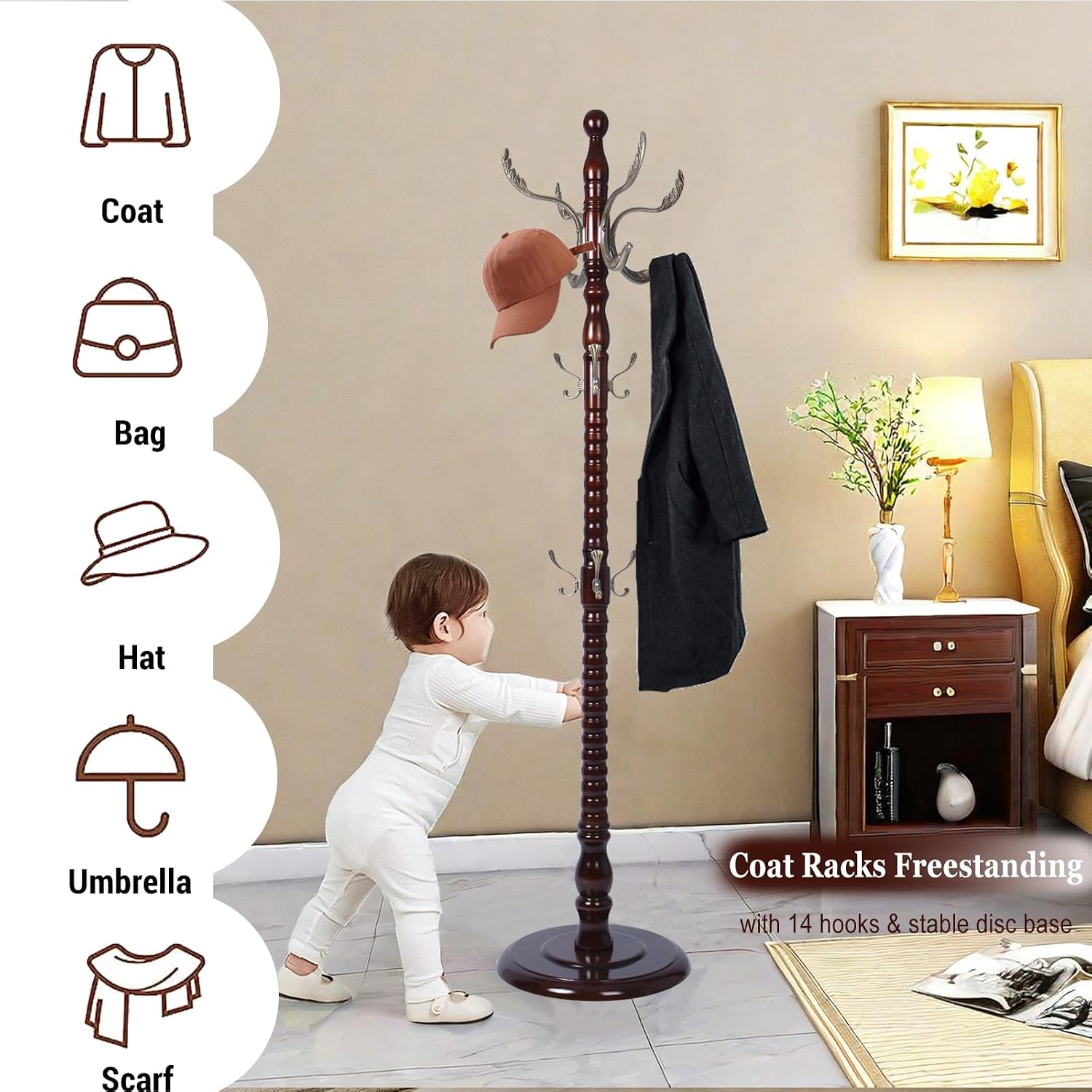 Coat Racks Free standing, Natural Wood Coat Rack Stand With 14 Hooks, Heavy Duty Adjustable Height Coat Racks For Entryway Hallway Foyer Office Bedroom (Redwood)