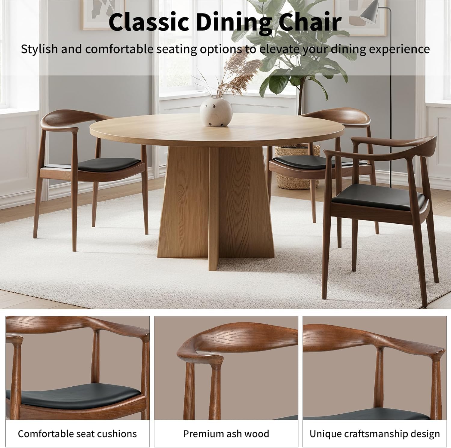 Kennedy Armchair Set of 2, Mid Century Modern Dining Chair, PU Upholstered Kennedy Chair, Ash Wood Armchair for Living Room, Dining Room, Office, Kitchen, Fully Assembled (Walnut)
